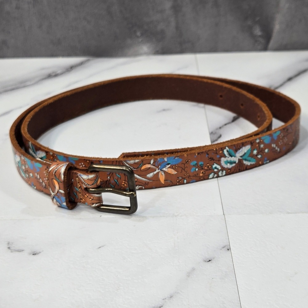 GAP Womens Medium Brown Leather Belt Ditsy Floral Vachetta Brass Buckle Skinny - Picture 5 of 8